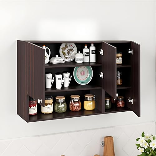 Image of FURNEASER Diana Wall Mounted Kitchen Cabinet with Doors & Open Shelves | Engineered Wood Wall Storage Cabinet for Kitchen, Dining Room & Utility | Modern Wall Organizer Cupboard (Wenge)