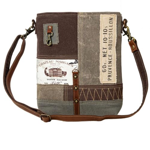 Myra Bag Vintage Crossbody Bag - Francais Pathway Vintage Purse, Canvas Purses for Women, Canvas Patchwork Design Crossbody Purse
