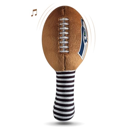 Image of Seattle Seahawks Plush Football Rattle by Smilo - Officially Licensed NFL Baby Rattle Toy - Soft Baby Rattle with Bell - for Babies and Toddlers from 3 Months