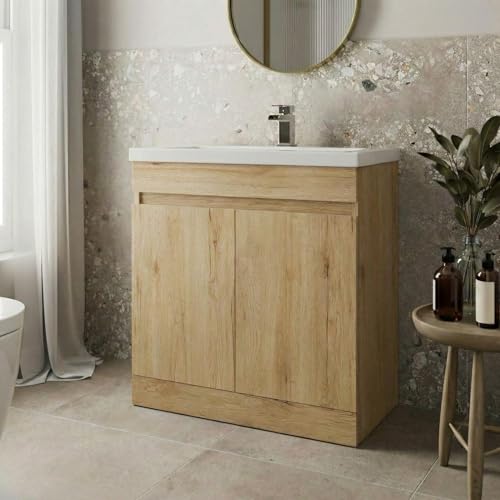 Artis® Centro 800mm Bathroom Vanity Unit Ceramic Basin Sink, Cloakroom Storage Furniture Cabinet, Floorstanding Cupboard Soft Close Doors, Oak