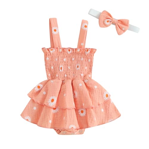 Image of Karwuiio Infant Baby Girls Bodysuit Rompers Dress Newborn Short Sleeve Daisy Romper with Headband Summer Clothes Set