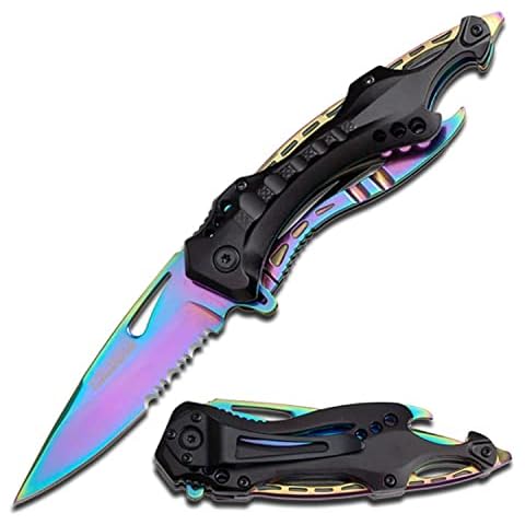 TAC FORCE- Spring Assisted Folding Pocket Knife – Rainbow TiNite Coated Stainless Steel Blade with Black Aluminum Handle, Bottle Opener, Glass Punch and Pocket Clip, Tactical, EDC, Rescue - TF-705RB Cover
