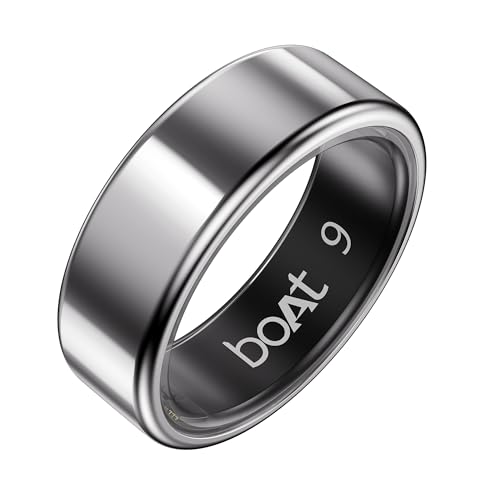 Image of Boat SmartRing Active Plus, Auto HR, Sleep, SpO2, Stress & Skin Temperature Monitor, Stainless-Steel Build, 5 ATM, Weighs Only 5 gm, Portable Charging Case, Smart Ring for Men (9, Radiant Silver)