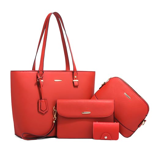 Moda Set Borsa a Mano Donna 4 Pezzi Elegante Bauletto Pratica Manico Superiore Leggero per Vacanze Lavoro Viaggio Festa Impermeabile PU Pelle Rosso