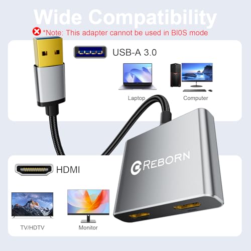 Image of Reborn USB to HDMI Adapter, 1080P@60Hz USB 3.0 Male to Dual HDMI Female Multi-Display Cable Converter Suitable for MacOS, Windows 7 /8 /10 /11 - Driver Installation is Required