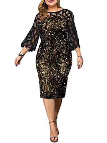 Mujer Mujer Elegante Midi Vestidos de Cóctel Cuello Redondo Manga 3/4 Lentejuelas Tallas Grandes Fiesta Noche Vestido A Dorado XL