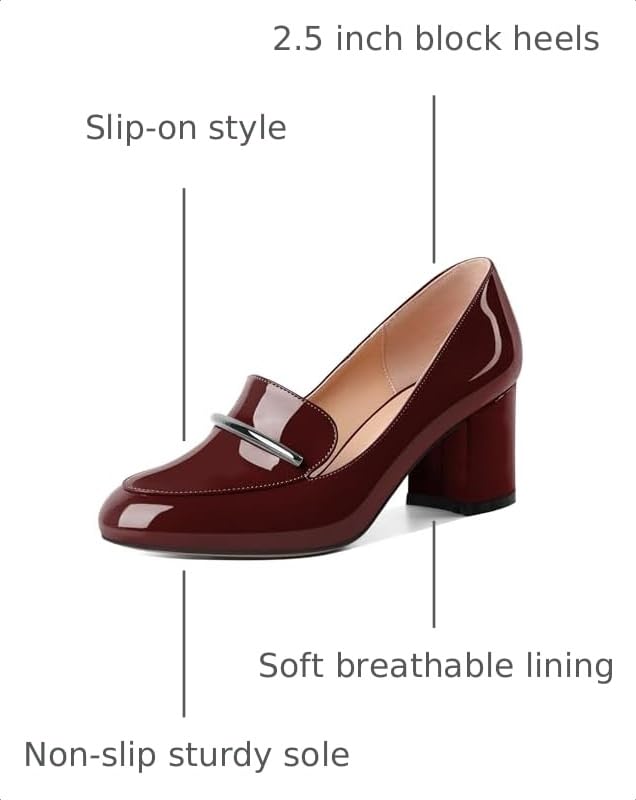 Image of Eldof Women's Pumps Block Heel Round Toe Slip On Chunky Loafer Heel Dress Shoes Pumps for Women 2.5 Inches