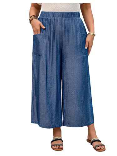 Women's Plus Size Elastic Waist Pants Wide Leg Classic Casual Cropped Trousers with Pockets