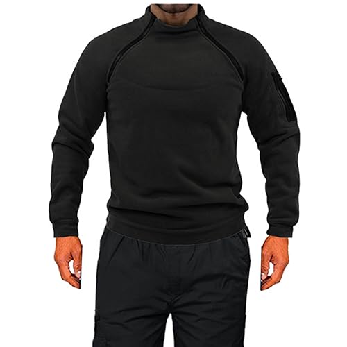 Image of Tactical Fleece Jacket Mock Neck Military Sweatshirts Slim Fit Thermal Pullover with Pockets Warm Winter Tops 2025, Black, L