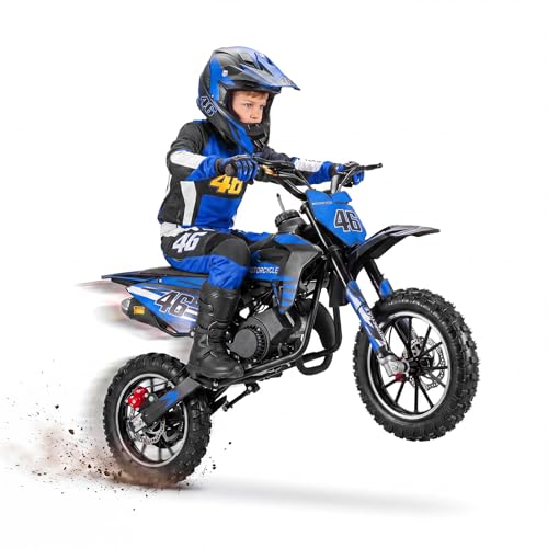 TAKEAUFLY 50CC Kids Dirt Bike, Gas Powered Mini Motorcycle with Automatic Clutch, Dual Disc Brakes, Full Suspension, Dual Exhaust, 10" Off-Road Tires for Ages 5-10 (Blue)