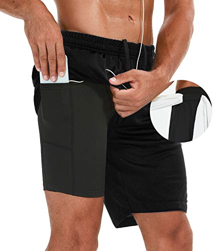 SILKWORLD short masculino 2 em 1 atlético para corrida academia treino com bolsos com zíper e laço p