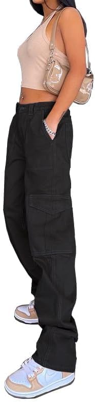 High Waisted Cargo Pants for Women Casual Wide Leg Trousers 2025 Baggy Stretch Y2k Cargo Jeans with 6 Pockets