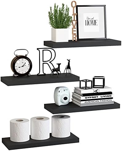 DOLLFIO Floating Shelves, 4 Sets Wall Shelves, Wooden Floating Shelves for Wall Décor, Wall Mounted Floating Shelf for Bathroom Storage, Floating Book Shelves for Wall, Bedroom, Living Room–Black
