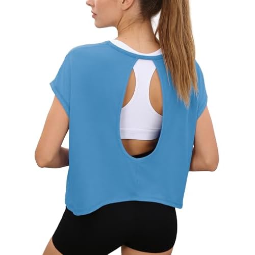 Totatuit Womens Open Back Workout Tops Oversized Crop Gym Shirts Loose Fit Short Sleeve Athletic Tee for Running Yoga Blue XX-Large