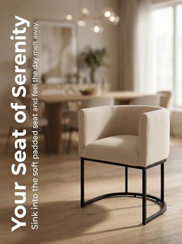 Image of HNY Mid Century Modern Upholstered Barrel Dining Chairs with Arms Set of 3, Linen Kitchen & Dining Room Chairs, 18.5 inch Wide Accent Chairs for Dining Room Living Room with Black Metal Frame, Cream