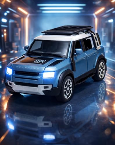 Image of 1:32 Scale Defender Toy Car Die-Cast SUV Toy Car - Pull Back Alloy Model with Lights, Sounds & Opening Doors - Metal Off-Road Vehicle for Boys, Kids, Collectors (Blue)