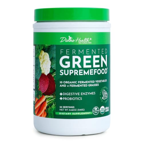 Divine Health Fermented Green Supremefood | 14 USDA Organic & Fermented Vegetables and Grasses | Probiotics | Enzymes | Apple Cinnamon Flavor | 30 Servings | 240g