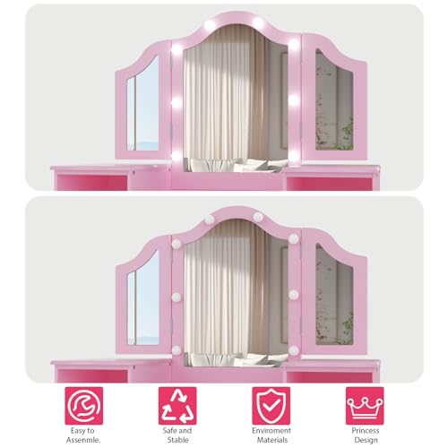Kids Vanity Table, Princess Makeup Desk & Chair Set with touch Light Detachable Tri-Folding Mirror, Open Storage Shelves, Wooden Girls Vanity Dressing Table, Pretend Play Vanity Set for Toddler