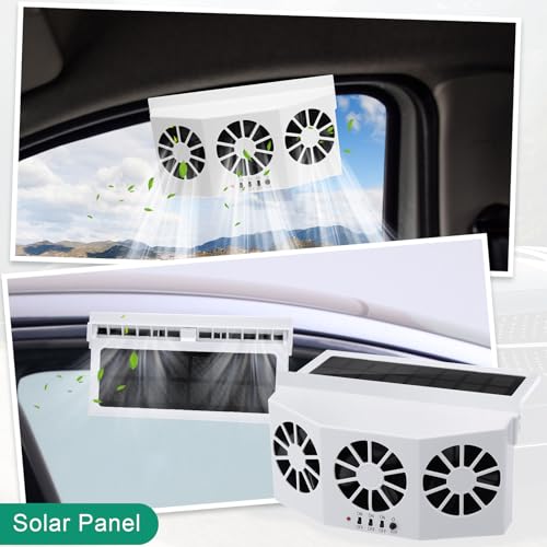 Tujoe 2 Pack Solar Powered Car Exhaust Fan 3 Fans Car Window 4500 RPM Air Vent Radiator Solar Energy Cooling Vent Exhaust for General Types(Solar 3 Fans,White)