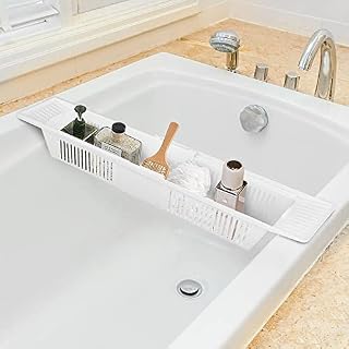 Shoze Plastic Bathtub Caddy Tray 57-86cm Adjustable Length Bath Bridge Rack Extendable Side Book Pad Holder Dish Drainer Shampoo Soap Storage Bathroom Accessories Storage Shelf for Home