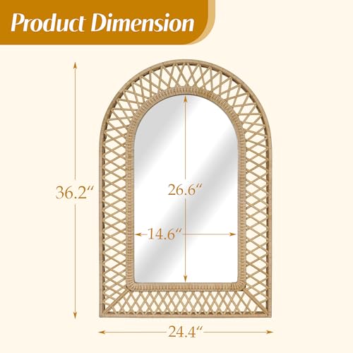 Image of Arched Rattan Wall Mirror - 24x36 Inch Boho Elegance with Woven Frame, Decorative Mirror for Bathroom Vanity Entryway Living Room