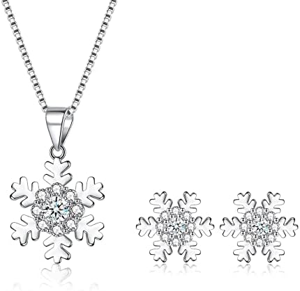 wynn's Silver Christmas Jewellery Set for Women, 925 Sterling Silver Snowflake Stud Earrings & Snowflake Necklace, Silver Snowflake Jewellery Set, Gift for Christmas for Mother Wife Girls