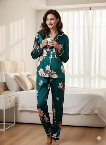 Image of Night Suit for Women with Full Sleeve Button-Down Top with Pant Dress for Woman, Night Dress for Woman, Lycra Two-Piece Loungewear Set