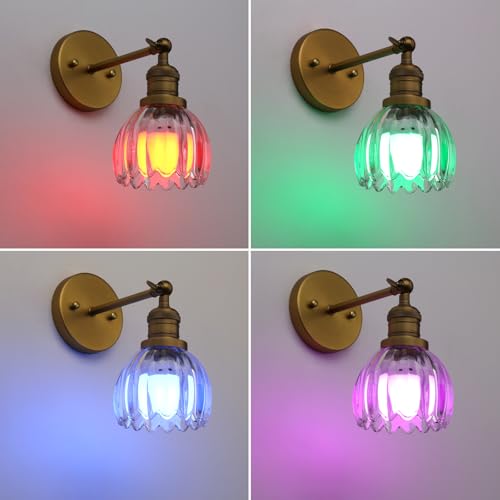 Image of Phansthy Vintage Battery Operated Wall Sconce with Transparent Tulip Glass Lampshade, USB Rechargeable Battery Powered Wall Light with 12 RGB Remote Control for Bedside Bedroom Doorway (Antique)