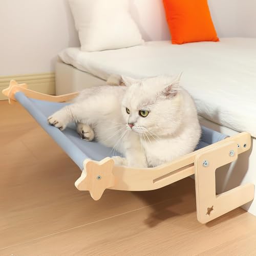 Adjustable Cat Bed Hammock & Window Perch with Sturdy Wood Frame No-Drilling Easy Install Pet Hammock for Windowsill and Bedside Washable Cushion Cover for Indoor Cats