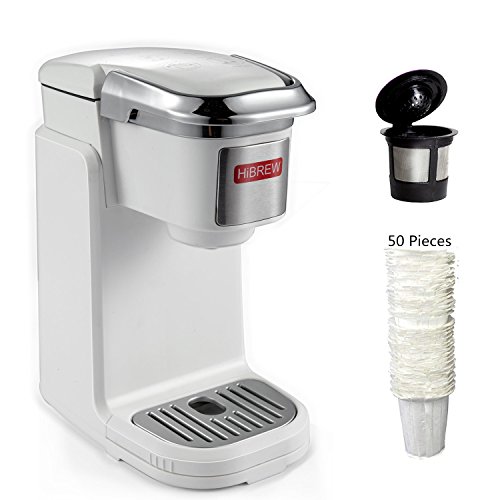 HiBREW Single Serve White Compact K Cup Coffee Brewer Coffee Maker for Travel Camping Compatible Ground Coffee (including Reusable K Cup and 50 Disposable Filters)