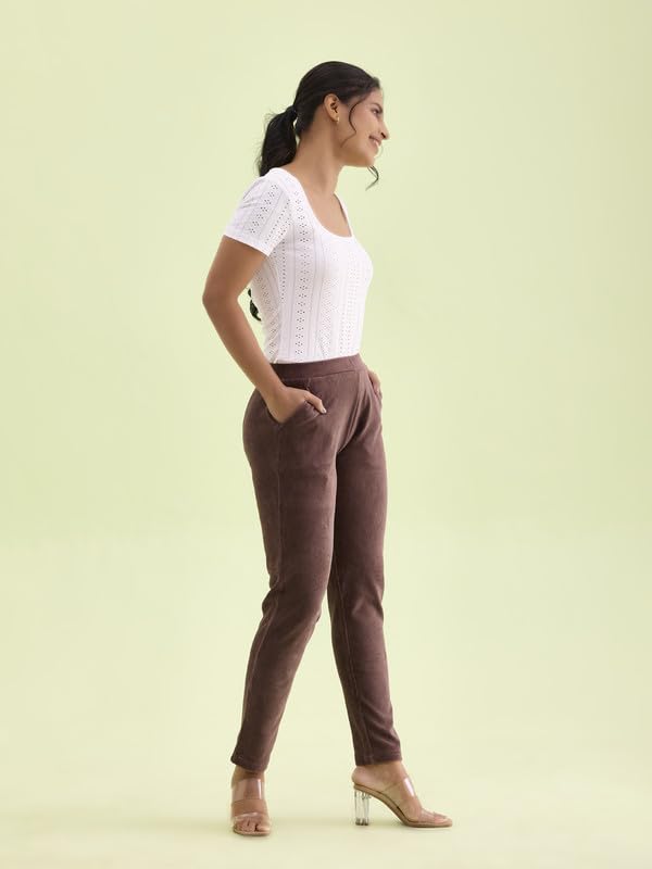 Image of GO COLORS Solid Corduroy Treggings for Women | Warmtech, Mid Rise, Side Pocket