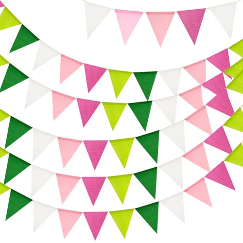 G2PLUS 20M Pink Green and White Burlap Bunting Banner, 60PCS Pre-strung Hessian Bunting, Reusable Outdoor Waterproof Bunting, Burlap Banner for Baby Shower, Birthday, Easter, Garden Decor