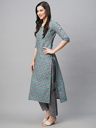 Image of GoSriKi Women's Cotton Blend Printed Straight Kurta With Pant