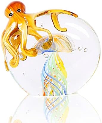 OISEGOP Handmade Glass Jellyfish Octopus Figurines, Unique Home and Aquarium Decor, Office Paperweight, Sea Animals Figurines, Colorful Jellyfish Octopus