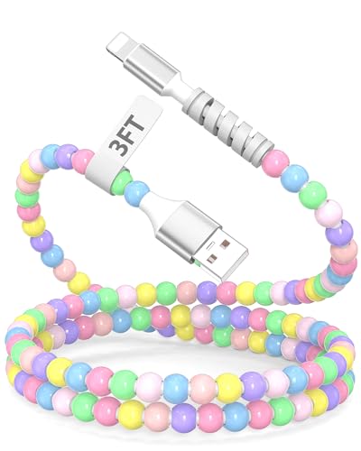 iMangoo Cable USB A de 3 pies para iPhone 14 13 12 11 Pro Max XR XS 8 7 6 6s Plus 5 4 4S SE para iPad, cargador de teléfono corto con cuentas coloridas, cable de carga rápida USB A para el hogar