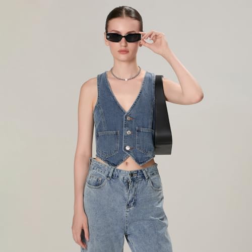 Miqil Women Y2K Button Down Denim Vest Sexy Sleeveless Denim Crop Top Low Cut Strapless Jean Corset Bustier Streetwear3