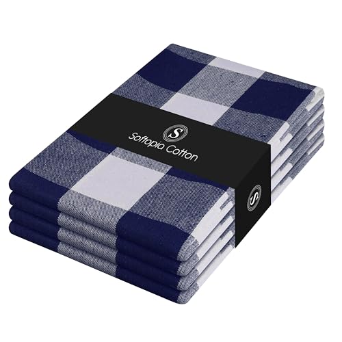 Image of Navy Blue Buffalo Check Kitchen Towels, 4 Pack, 100% Cotton, 16x26 Inches, Soft, Absorbent, Quick Dry, Dish Cloths, Bar & Restaurant Cleaning Towels with Hanging Loop, Navy White