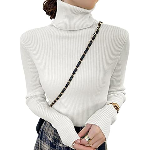 HIFUAR Ladies Ribbed Jumper Long Sleeve Polo Roll Turtle Necks Stretch Tops Plain Knitted Sweaters Jumpers for Women(White,One Size) Cover