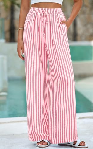 Image of PRETTYGARDEN Womens Pants Elastic Waist Floral Lightweight Palazzo Pants for Women Casual Lounge Wide Leg Pants Woman