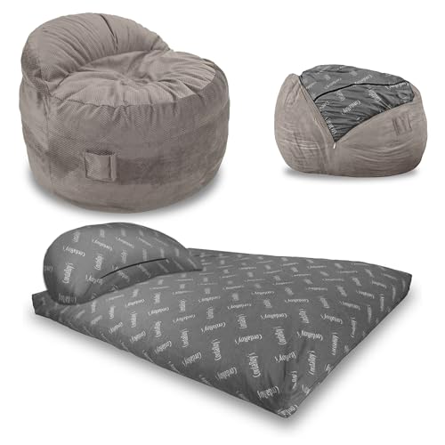CordaRoy's Chenille Nest Bean Bag Chair, Convertible Chair Folds from Chair to Bed, As Seen on Shark Tank, Charcoal, Queen