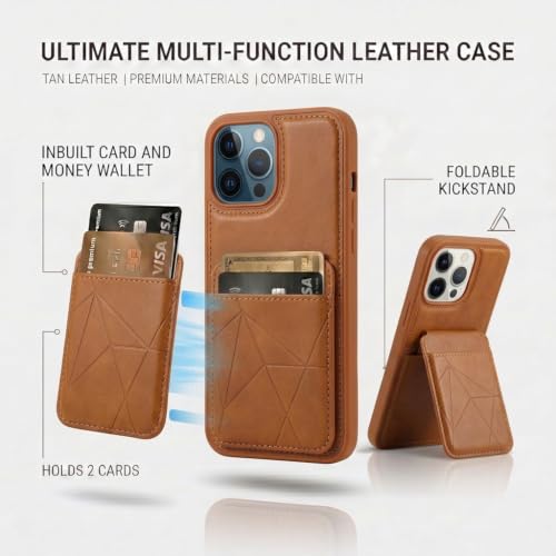Image of amazon basics Premium Vegan Leather Back Cover with Card Holder and Integrated Mobile Stand for iPhone 12 Pro Max - Slim Shockproof Wallet Case with Geometric Stitching [Tan]