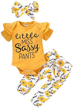 3 Pcs Infant Baby Girl Clothes Letter Print Long Sleeve Romper Flower Pant Headband Toddler Outfits Set