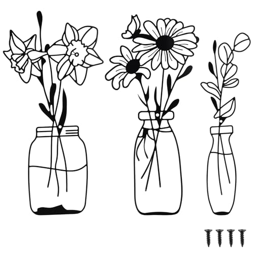 3 Pz Decorazione da Parete in Metallo Nero, Fiori e Vasi Decorazioni Moderni Muro Arte Minimalista, Quadretti da Parete per Casa Camera da Letto Soggiorno Bagno Galleria Corridoio (Vaso di Fiori)