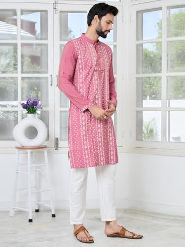 Image of See Designs Men's Full Sleeve Mandarin Collar Floral Embroidered Mandarin Collar Thread Work Straight Long Kurta - Festive Collection