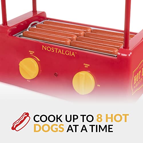 Nostalgia Countertop Hot Dog Roller and Warmer, 8 Regular Sized, 4 Foot Long Hot Dogs and 6 Bun Capacity, Stainless Steel Perfect For Breakfast Sausages, Brats, Taquitos, Egg Rolls