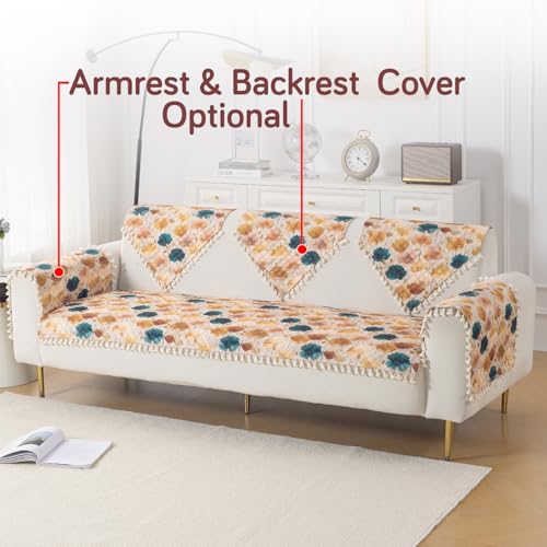 Image of HOKIPO Boho Wildflower Quilted Sofa Cover 5 Seater Set with Tassels - Washable 3+2 Sofa Cover Mat |'Tassel Twigs' Series (IN-985-T11 + IN-983-T11)