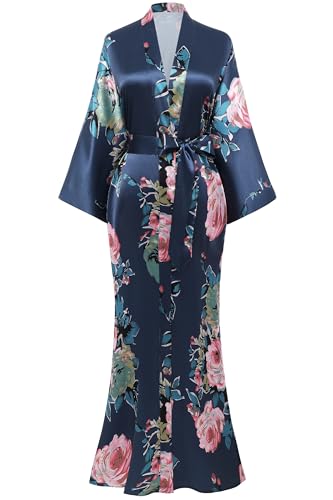 BABEYOND Women's Kimono Robe Long Satin Silky Floral Lightweight Bridesmaid Wedding Bachelorette Party Robe, Blue, Onesize Plus
