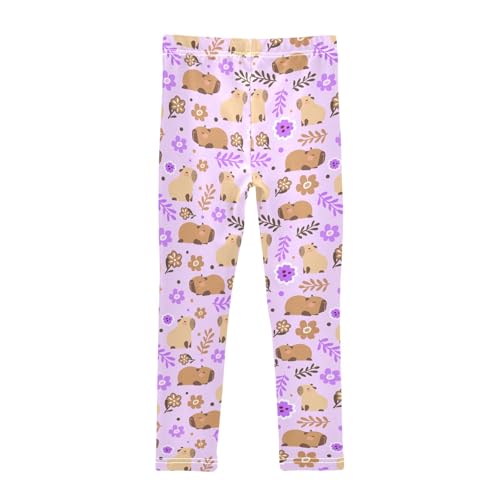 Cute Capybara Purple Flowers Girls Leggings Soft Comfortable Athletic Leggings Dancing Pants for 4-10 Years2