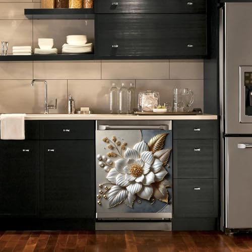 Image of BVBOX Dishwasher Magnet Cover 23 inchx26 inch, Reusable Magnetic Refrigerator Covers, Dishwasher Magnets Decorative Cover Fridge Door Skin Panel Stickers for Home Kitchen Appliance,Metal Embossed Flowers