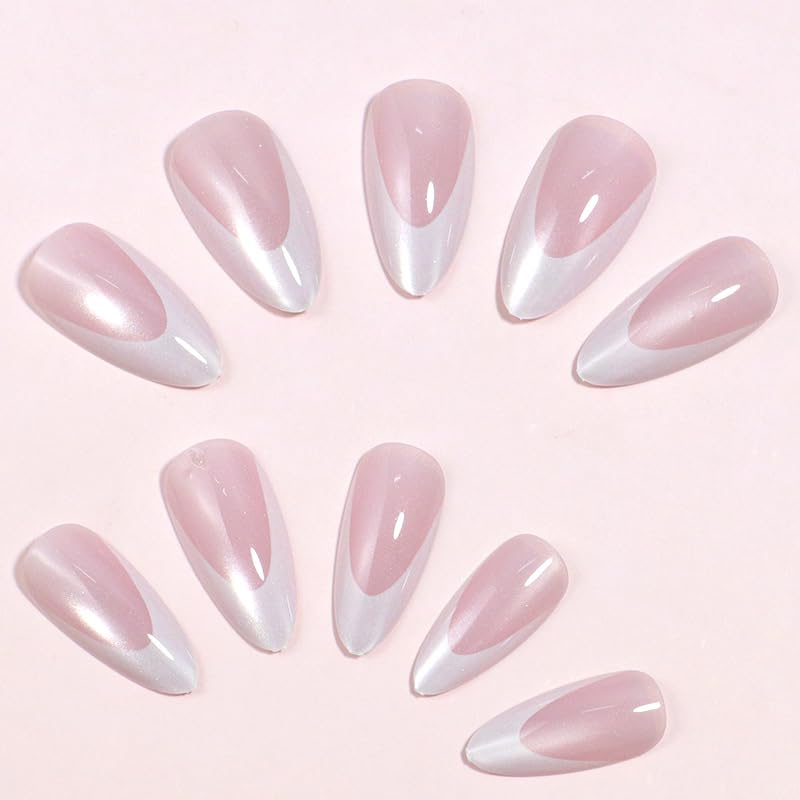 French Tip Press on Nails - Cat Eye Chrome Finish